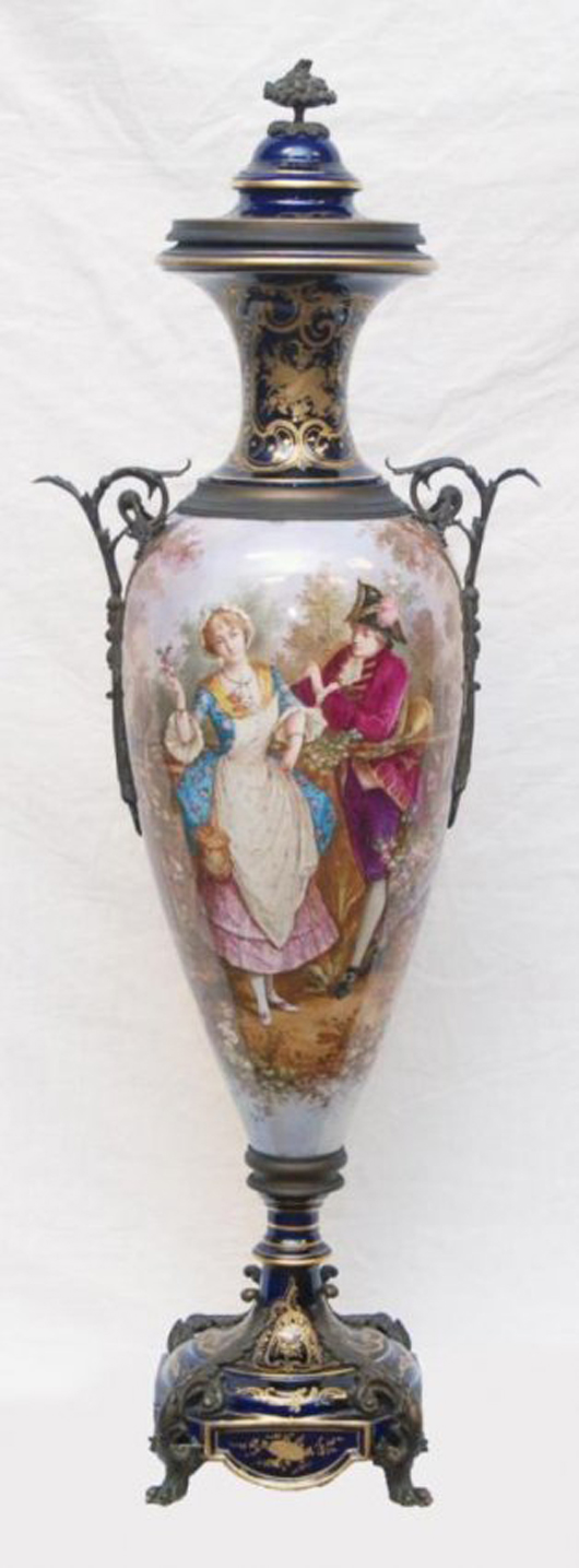 Stunning antique Sevres hand-painted cobalt French porcelain urn, 42 inches high (est. $6,000-$8,000). Elite Decorative Arts image.